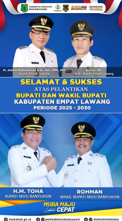Bupati Muba HM Toha dan Wakil Bupati Kyai Rohman Ucapkan Selamat atas Pelantikan Bupati dan Wakil Bu