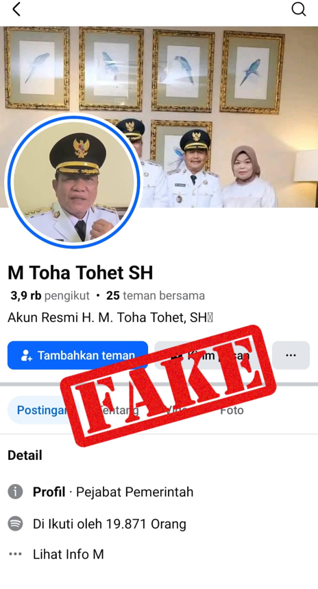 Hati-Hati! Waspadai Akun Facebook Palsu Mengatasnamakan Bupati H. M. Toha